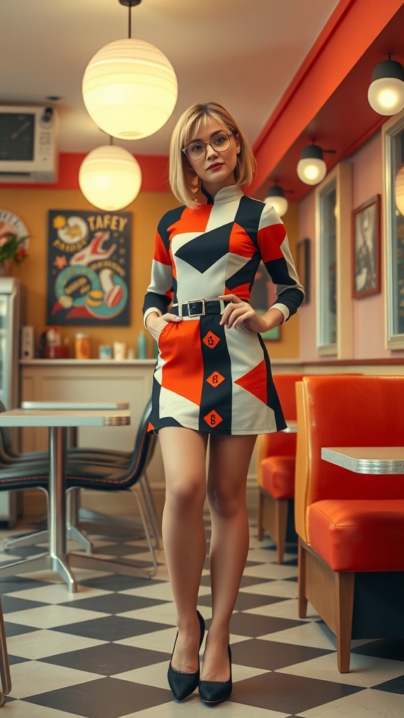 A model wearing a 60s mod dress with geometric patterns in a retro diner setting.
