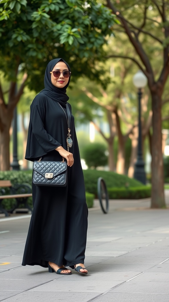 A woman wearing a black abaya and hijab, accessorized with sunglasses and a handbag, walking in a park.