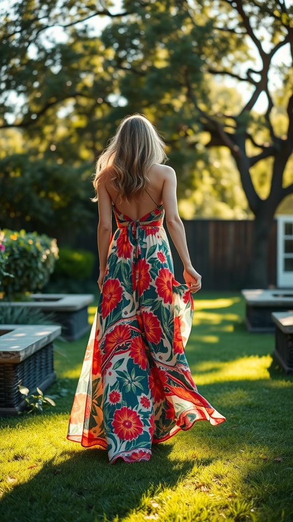 A woman wearing a floral maxi dress walking in a garden