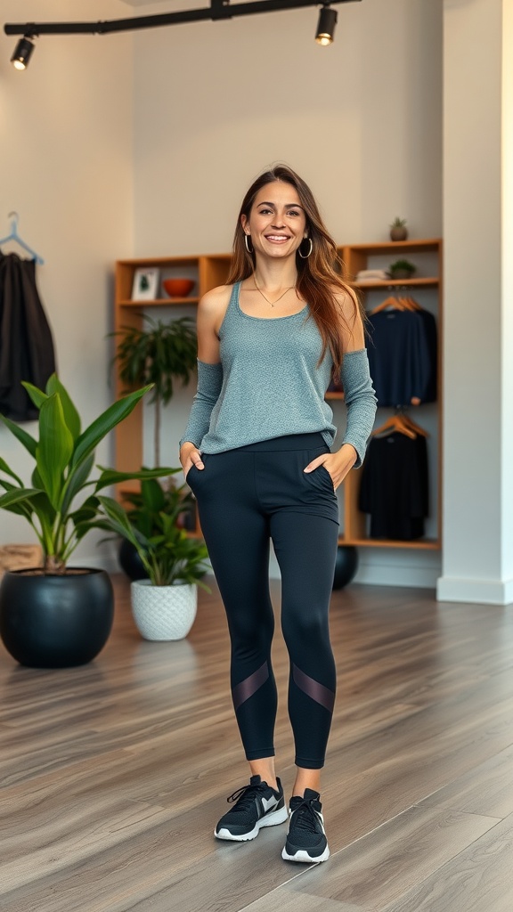 A young woman wearing a stylish gray off-shoulder tank top, black athletic leggings, and black sneakers, standing in a chic, minimalistic retail space.