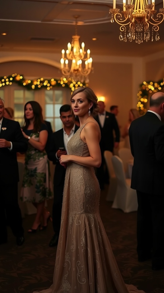 A woman in an elegant gown at a country club evening social, surrounded by guests and elegant decor.