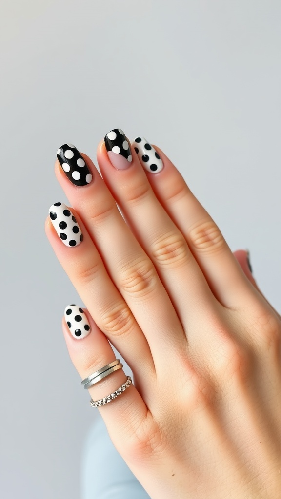 Chic black and white polka dot nails with rings on fingers