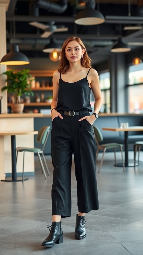 A woman wearing a black tank top and culottes in a modern cafe setting.