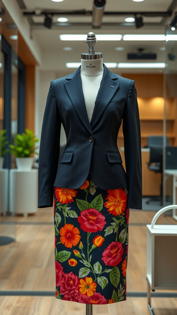 A chic blazer with a floral printed pencil skirt displayed on a mannequin in a modern office setting.