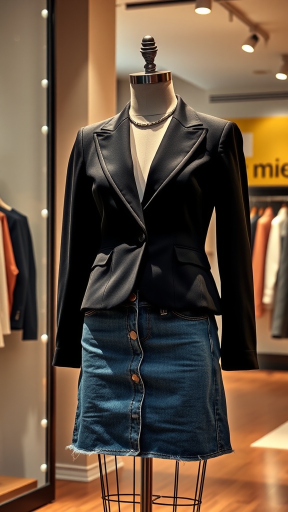 A mannequin displaying a chic black blazer paired with a denim skirt, set in a stylish retail environment.