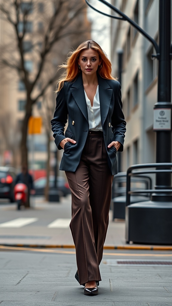 Model in a chic black blazer and high-waisted brown trousers walking in a city street.