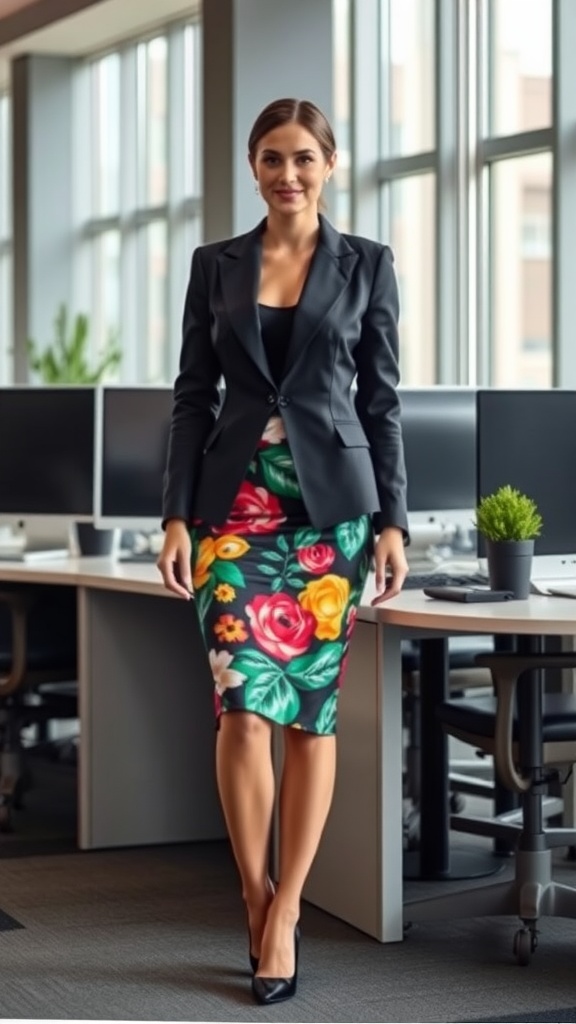 A woman wearing a chic black blazer and a colorful floral printed pencil skirt in an office setting.