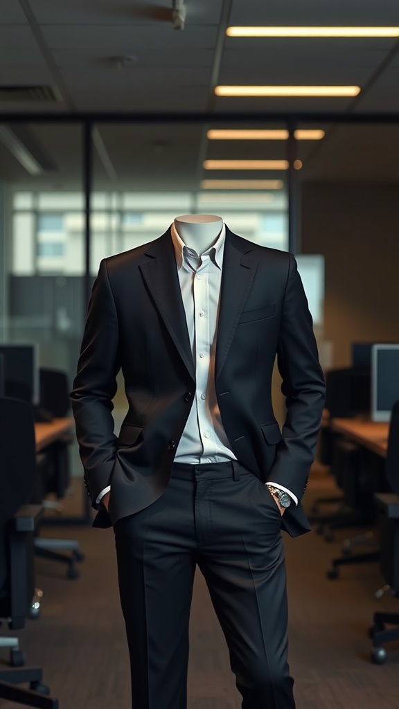 A mannequin dressed in a chic blazer and tailored trousers in an office setting