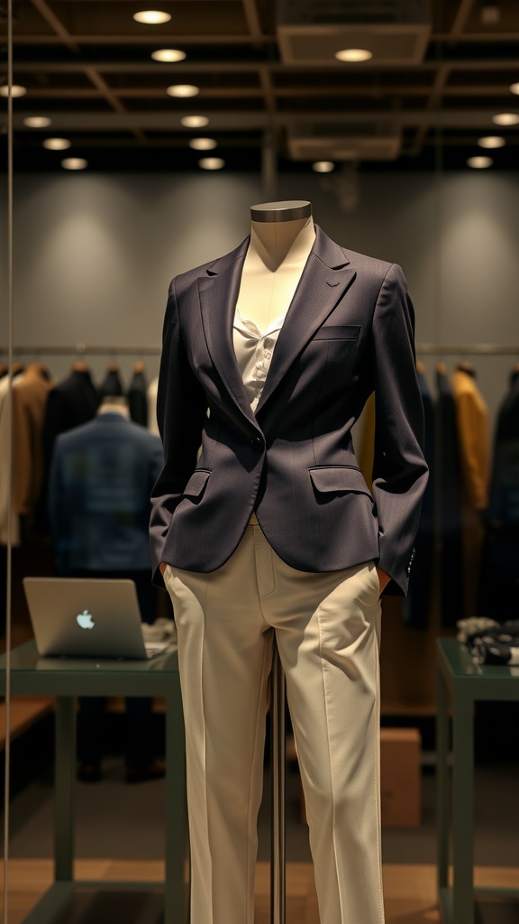 A stylish navy blazer and light-colored tailored trousers displayed on a mannequin in a clothing store.