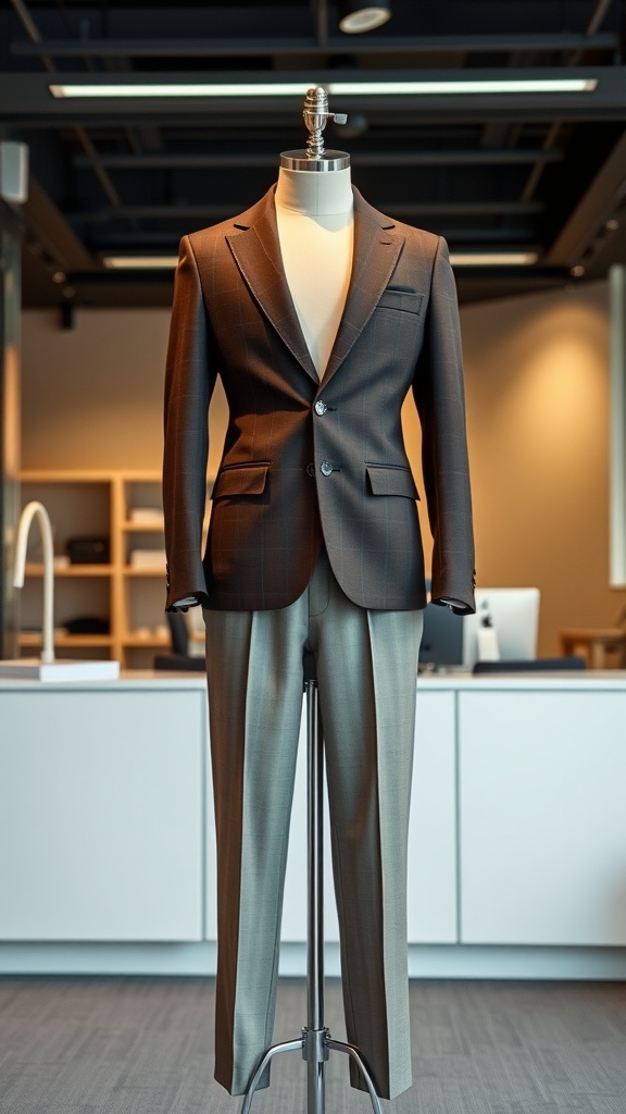 A stylish brown blazer with check patterns and tailored light trousers on a mannequin.
