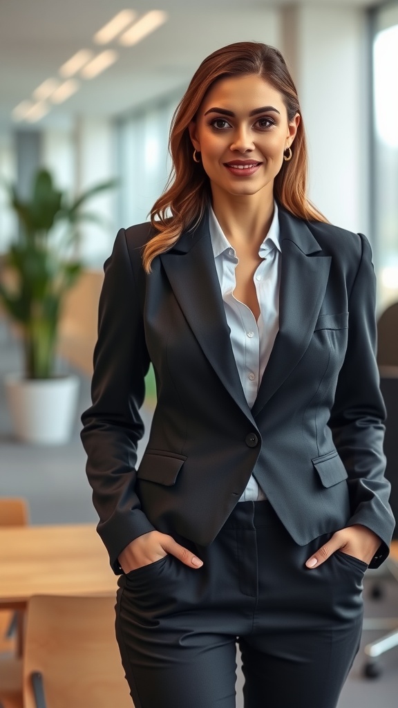 Woman in a black blazer and light blue shirt, exuding confidence in a professional setting.