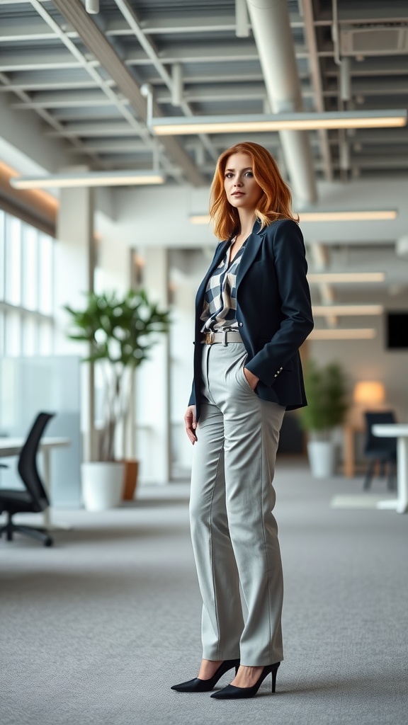 A woman wearing a navy blazer and gray trousers in a modern office setting.