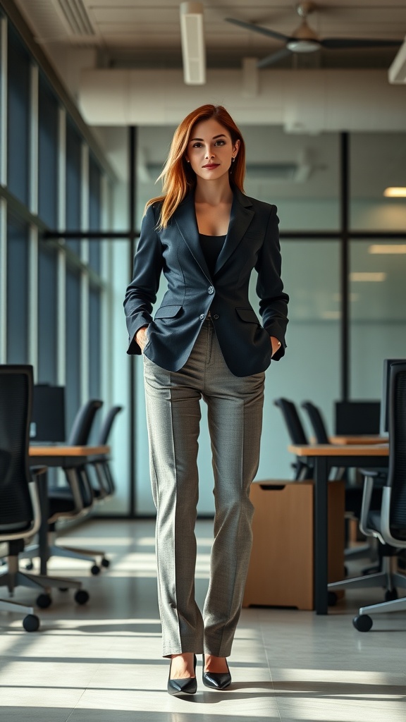 A confident individual wearing a fitted navy blazer and light grey tailored trousers standing in an office setting.