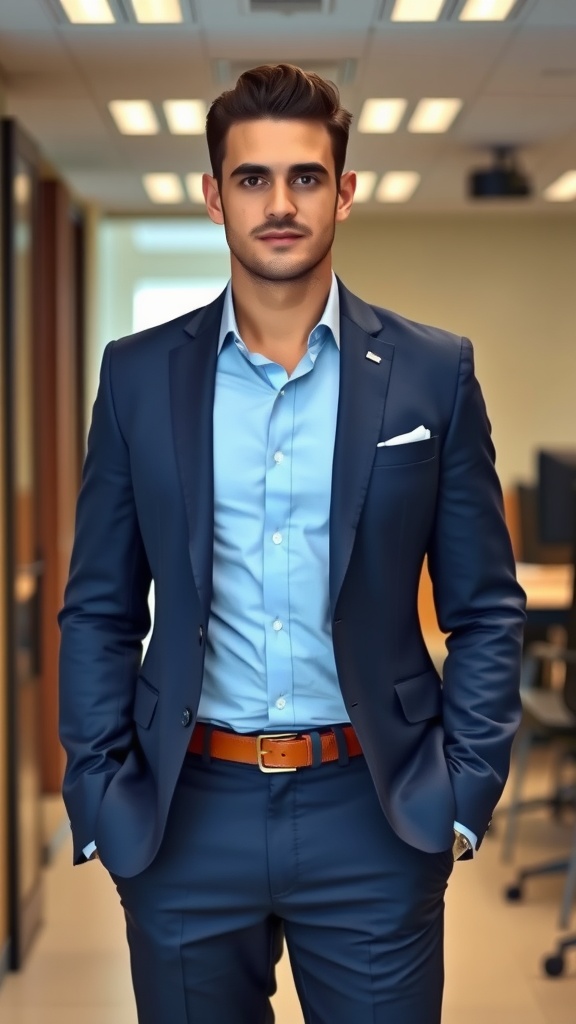 A man wearing a navy blazer and tailored trousers, standing confidently in an office environment.