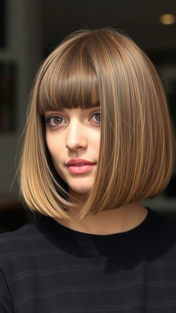 A woman with a chic blunt cut bob hairstyle, featuring straight bangs and a polished look.