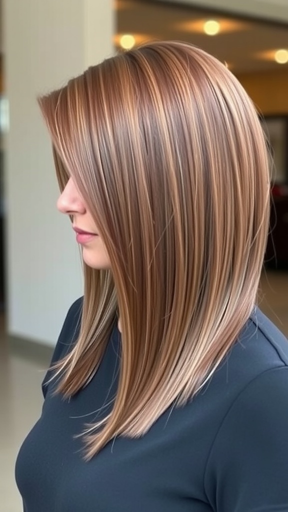 A stylish woman with long bob hairstyle featuring a chic blunt cut and subtle highlights.