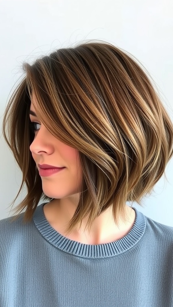 A woman with a chic bob haircut featuring subtle layers, looking stylish and confident.