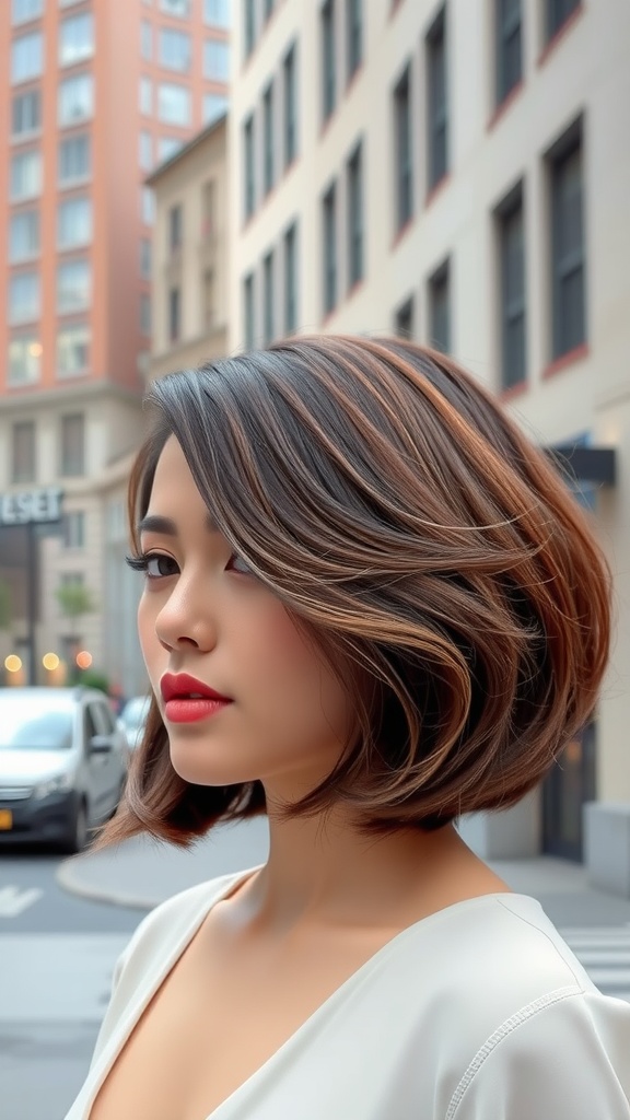 A woman with a chic bob hairstyle, featuring volume and soft waves, set against an urban backdrop.