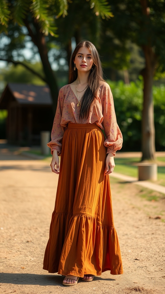 A young woman in a flowy brown maxi skirt and a floral blouse, standing outdoors.