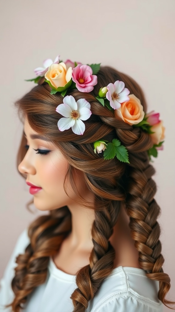 A woman with a braided crown hairstyle, decorated with colorful flowers.