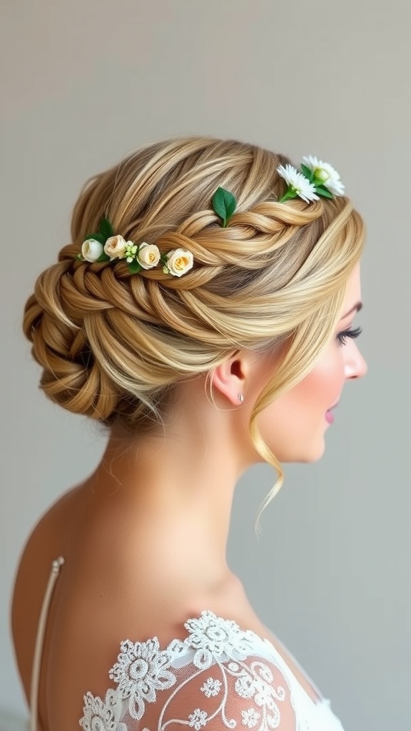 A beautiful braided crown hairstyle adorned with flowers, perfect for a wedding.