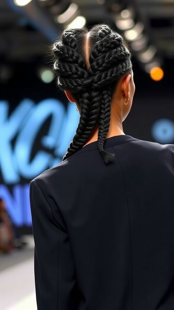 A rear view of a person with a stylish braided quick weave hairstyle, featuring two large, twisted braids.