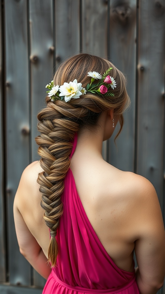 A close-up view of a beautifully braided hairstyle adorned with white and pink flowers, perfect for a bohemian bridesmaid look.