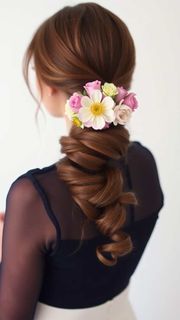 A woman with a chic bubble ponytail hairstyle adorned with fresh flowers.