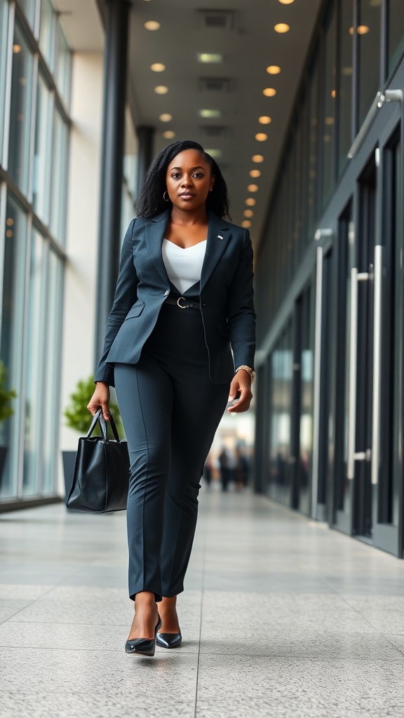 A black woman confidently walking in a chic business outfit, showcasing a tailored blazer and pants with a structured handbag.
