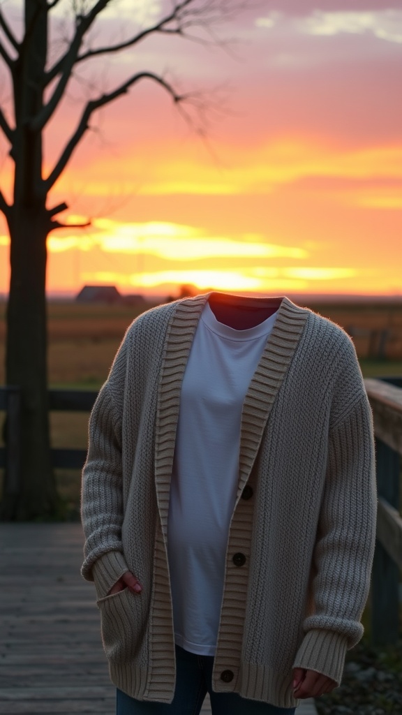 A chic cardigan over a simple tee with a sunset background.