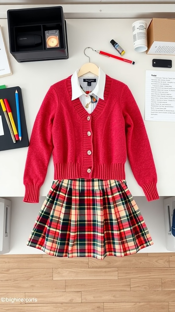 A vibrant red cardigan layered over a collared shirt with a plaid skirt, showcasing a chic school outfit.