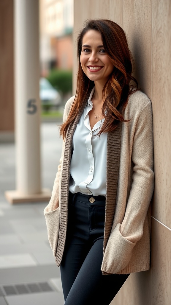 A woman in a beige cardigan standing against a wall, smiling, wearing a white button-up shirt and black pants.