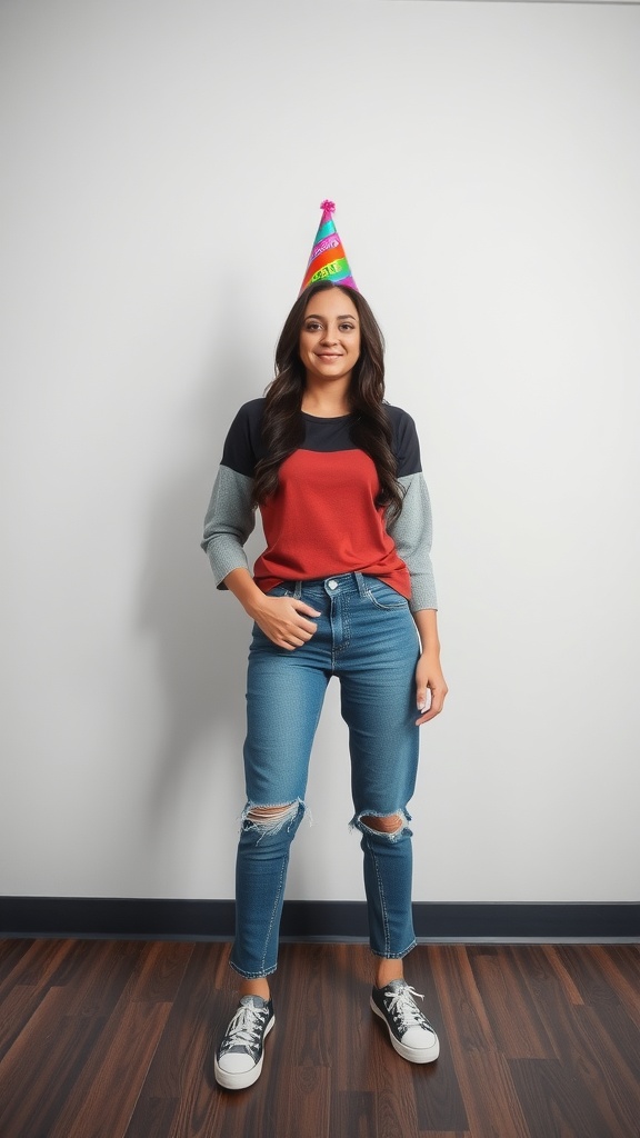 A young woman wearing a colorful birthday hat with a casual outfit consisting of a color block top and distressed jeans.