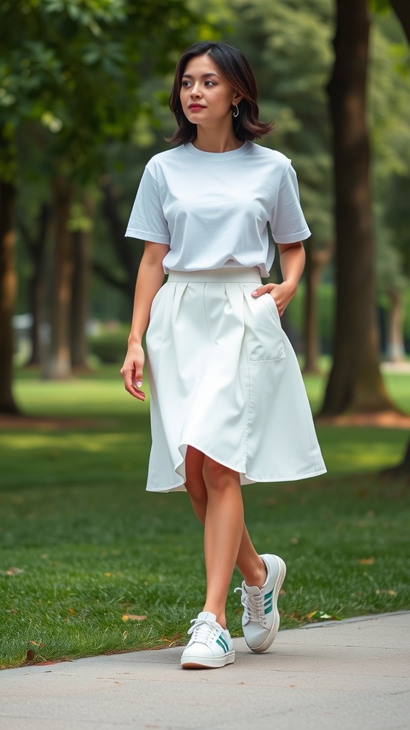 A woman wearing a white midi skirt and a white t-shirt, walking in a park with sneakers.