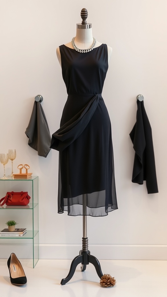 A chic black cocktail dress on a mannequin with a necklace, black heels, and accessories in the background.