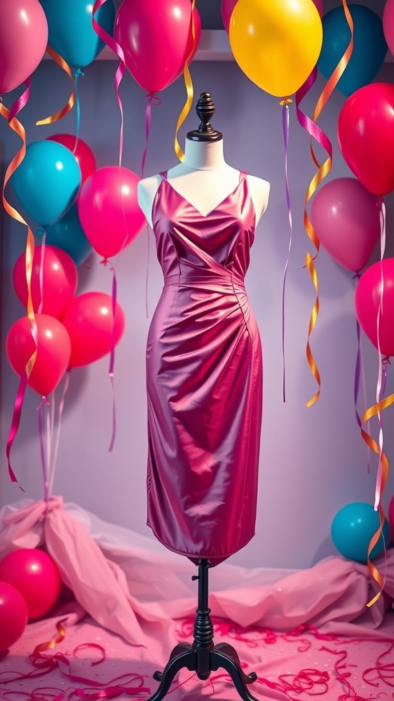 Chic pink cocktail dress on a mannequin surrounded by colorful balloons