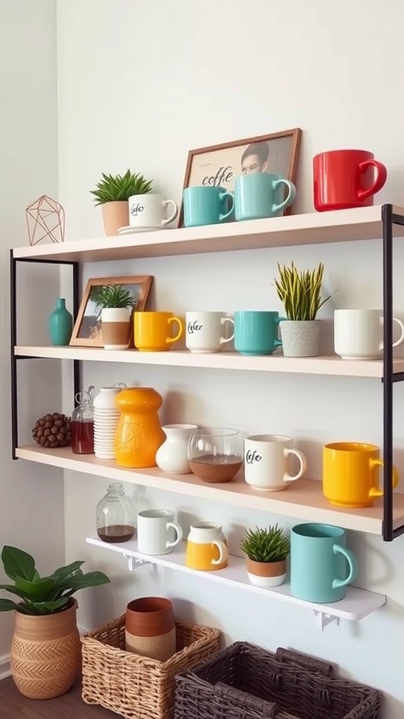 Colorful coffee mug display on shelves with plants and accessories.