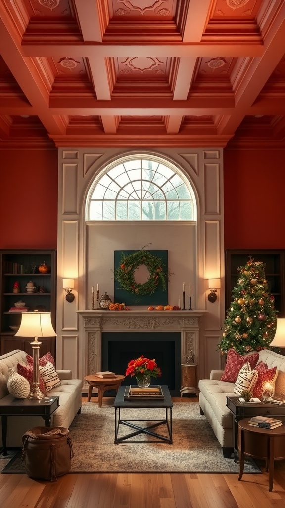A chic living room with a coffered ceiling, featuring warm colors and cozy decor.