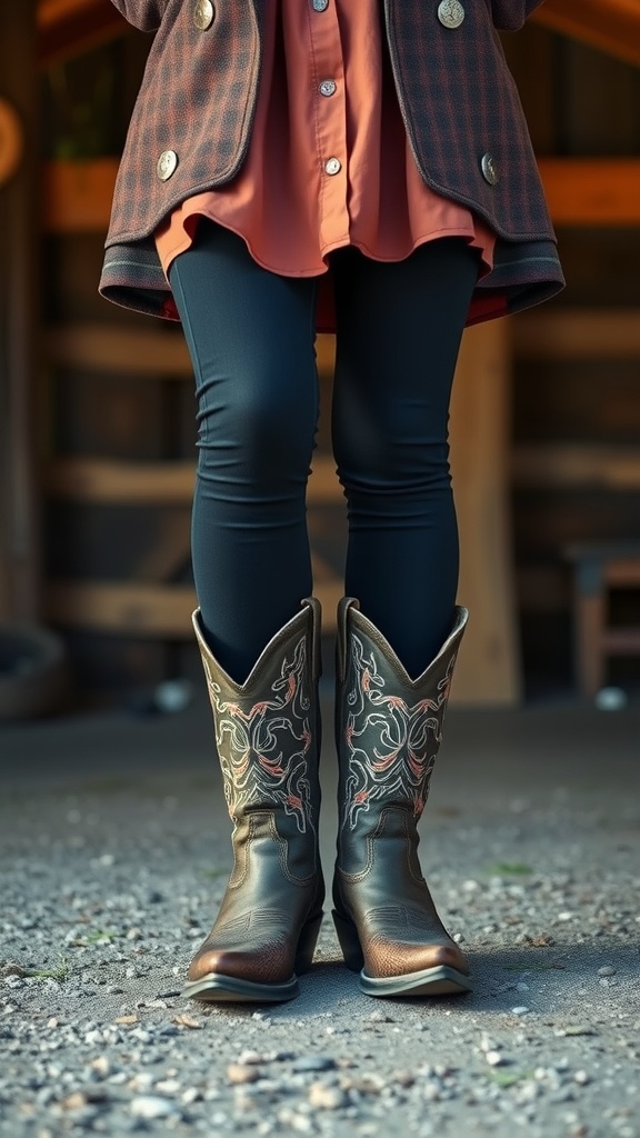 A close-up view of a person wearing stylish cowboy boots, paired with fitted leggings and a long shirt, set against a rustic background.