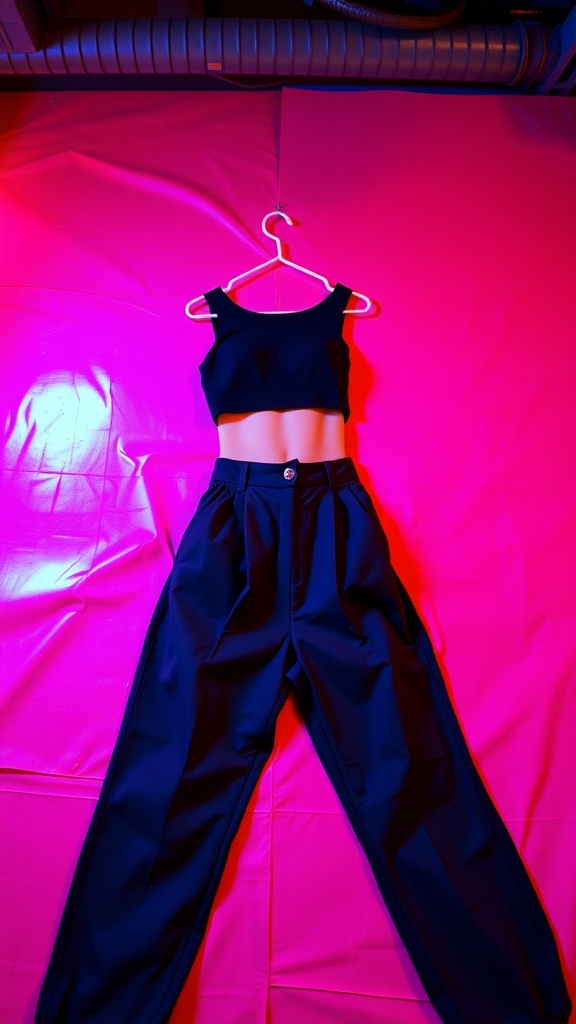 A black crop top hanging on a hanger above high-waisted pants, set against a pink background.