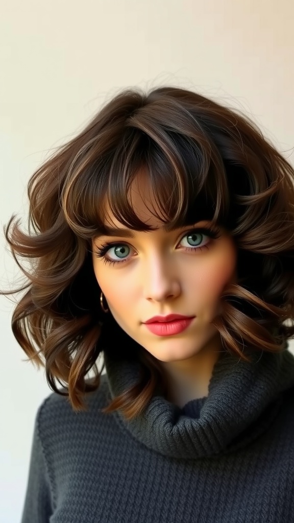 A woman with a chic curly bob hairstyle and bangs, wearing a cozy gray sweater.
