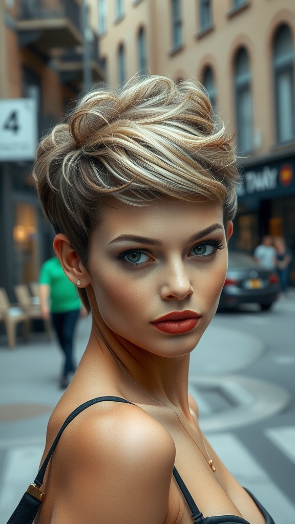 A woman with a chic curly pixie cut in an urban setting, showcasing soft curls and highlights.