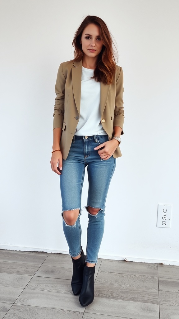 A woman wearing a light blazer, white top, and ripped blue jeans, paired with ankle boots.