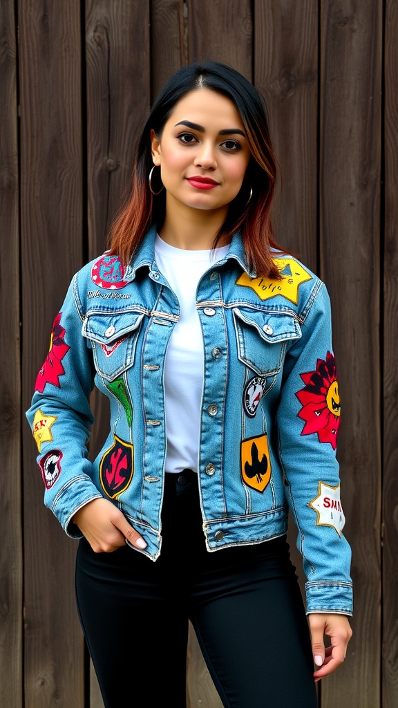 A woman wearing a stylish denim jacket with colorful patches, accessorized with hoop earrings, posing in front of a wooden background.
