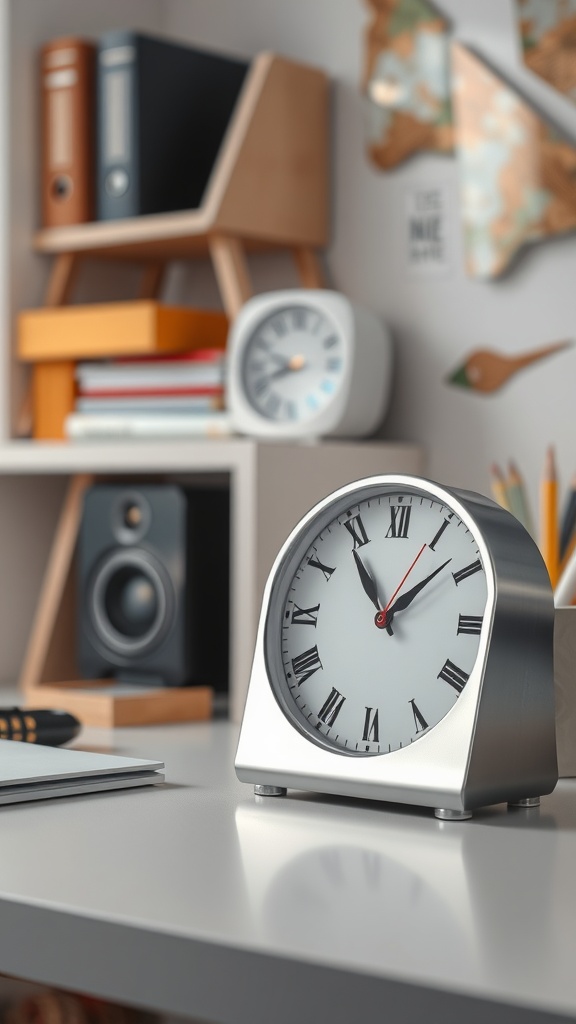 A stylish silver desk clock with Roman numerals on a modern office desk.