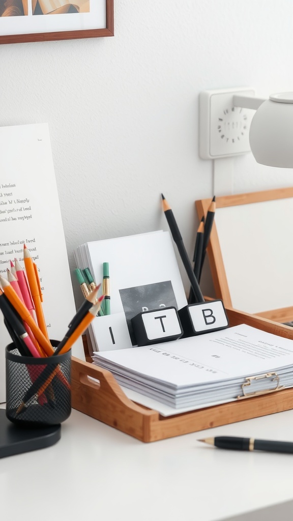 Chic desk organizer with pens, papers, and wooden elements