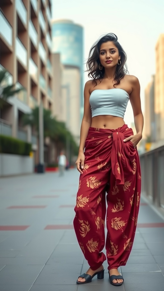 A woman wearing chic dhoti pants with a crop top, posing confidently on a city street.