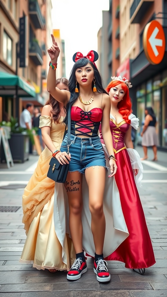 Three women dressed in Disney-inspired outfits, with one in a crop top and shorts, another in a yellow dress, and the last in a red dress, standing in a city street.