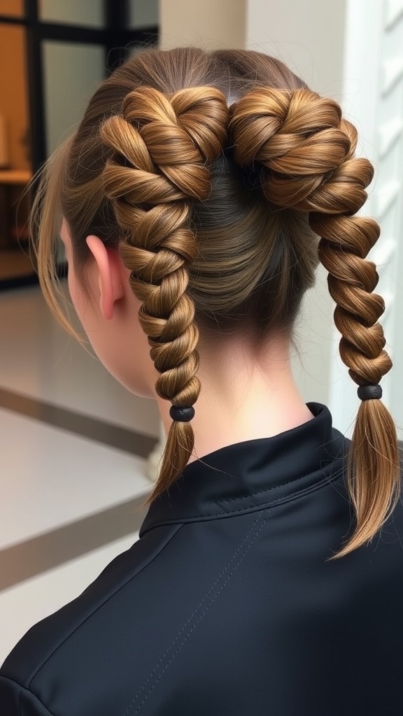 A woman with a chic double-twisted ponytail hairstyle, featuring two twisted ponytails secured with hair ties.