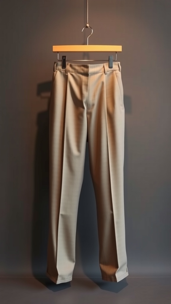 A stylish pair of beige dress pants hanging on a hanger against a dark background.